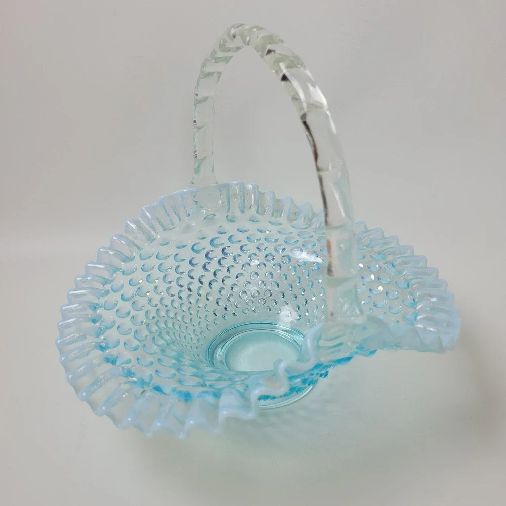 Fenton Blue Hobnail Opalescent Glass Basket Ruffled Edge Twisted Handle 10
